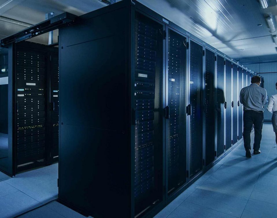 A row of servers in a website server farm